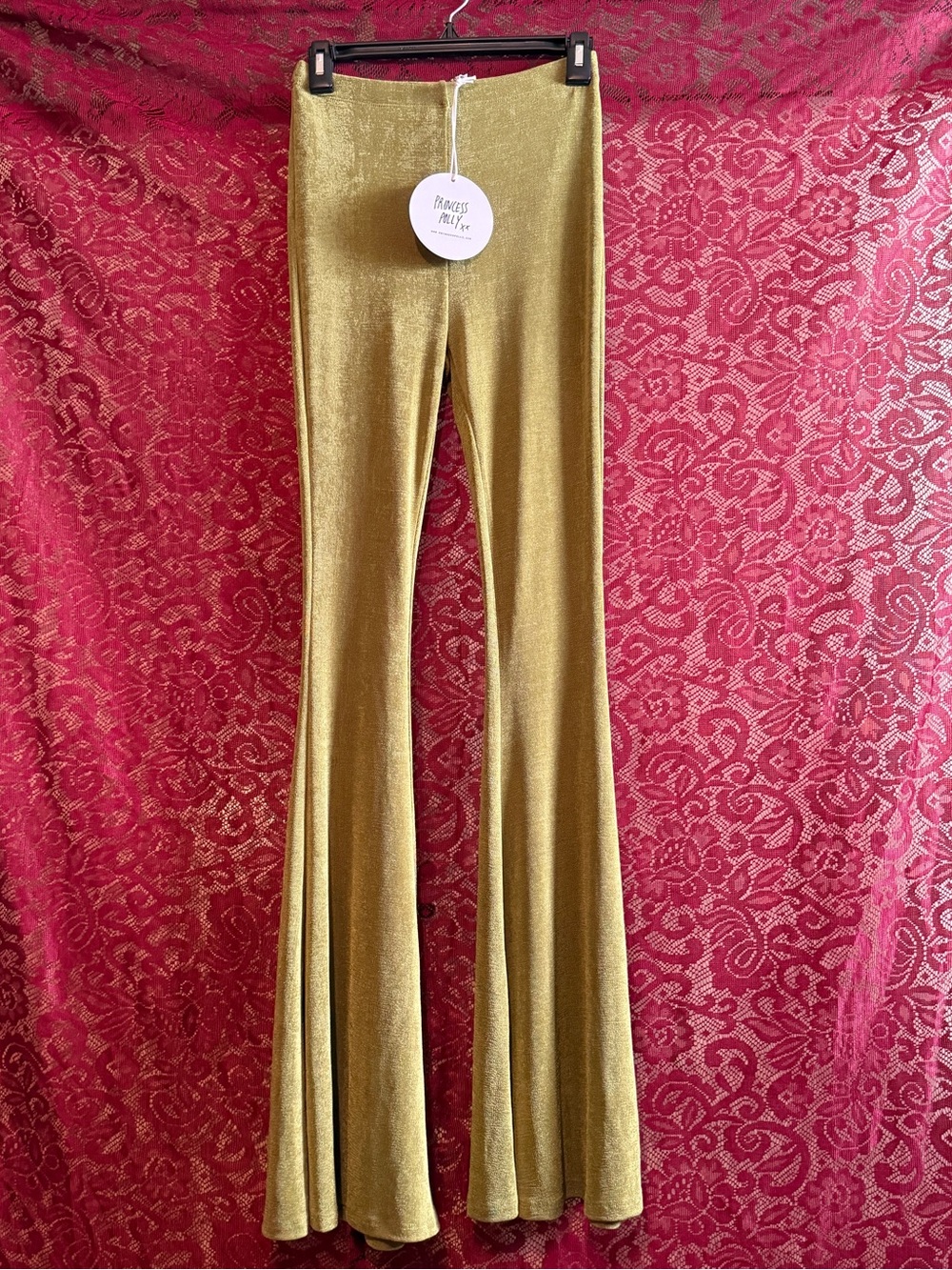 Princess Polly Shimmer Flare Pants High Waisted Bell Bottoms Gold Green Size 4